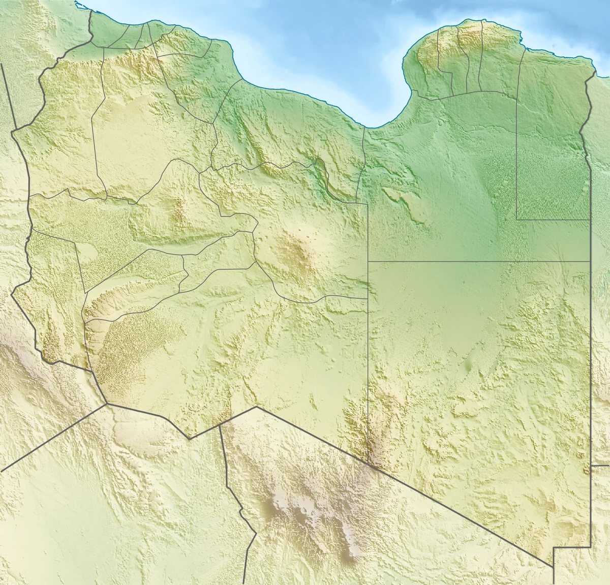 Mapa físico de Libia con relieve sombreado, costa mediterránea, golfo de Sirte, Jebel Nafusa, Jebel Akhdar, Fezzán y desierto del Sáhara