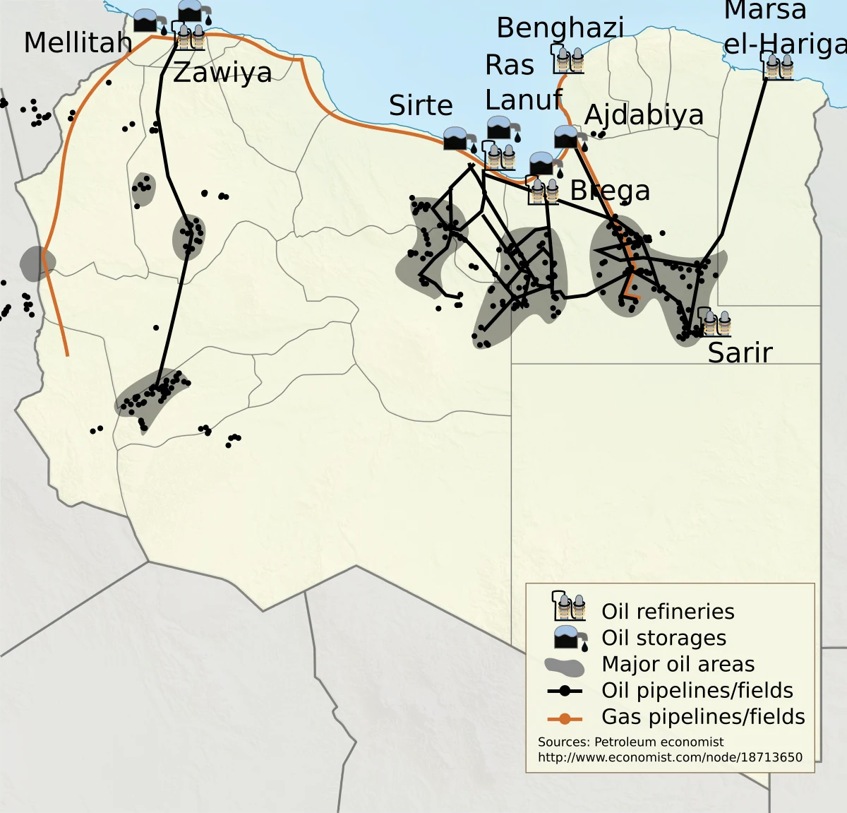 Mapa de Libia con campos petrolíferos, áreas de gas, oleoductos, refinerías y puertos como Mellitah, Zawiya, Sirte, Ras Lanuf, Brega y Bengasi