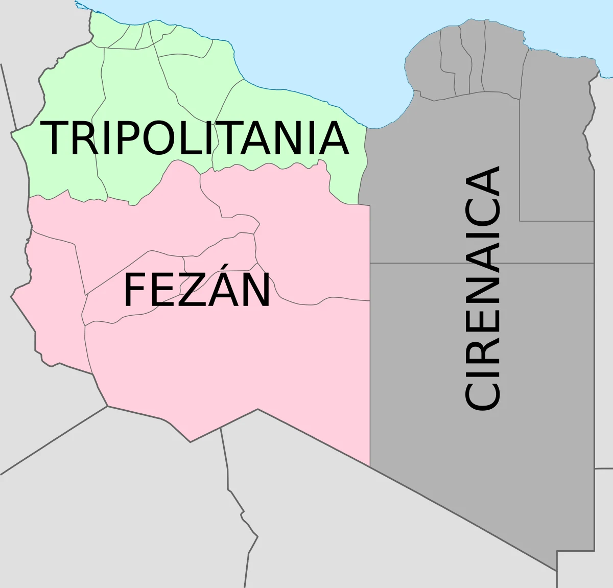Mapa de las regiones históricas de Libia: Tripolitania, Fezán y Cirenaica