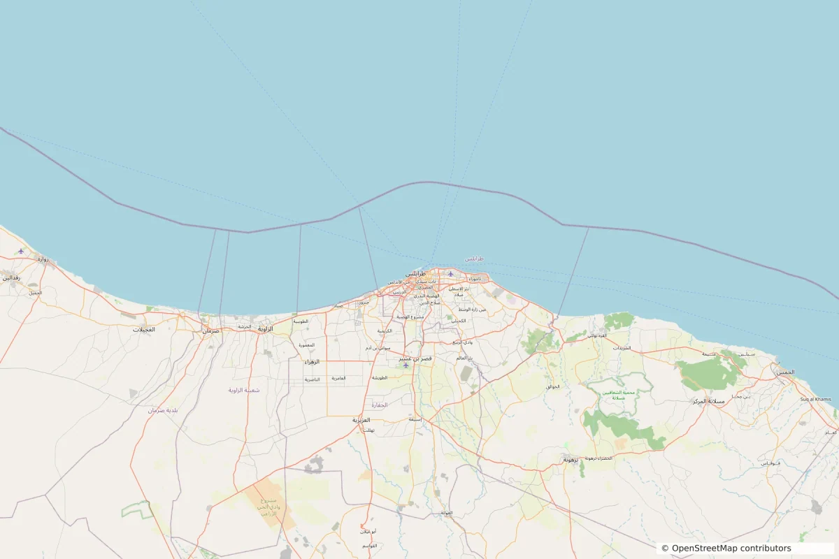 Mapa OpenStreetMap de Trípoli y la costa occidental de Libia con Tajura, Janzur, Zawiya, el aeropuerto, carreteras y la ribera mediterránea