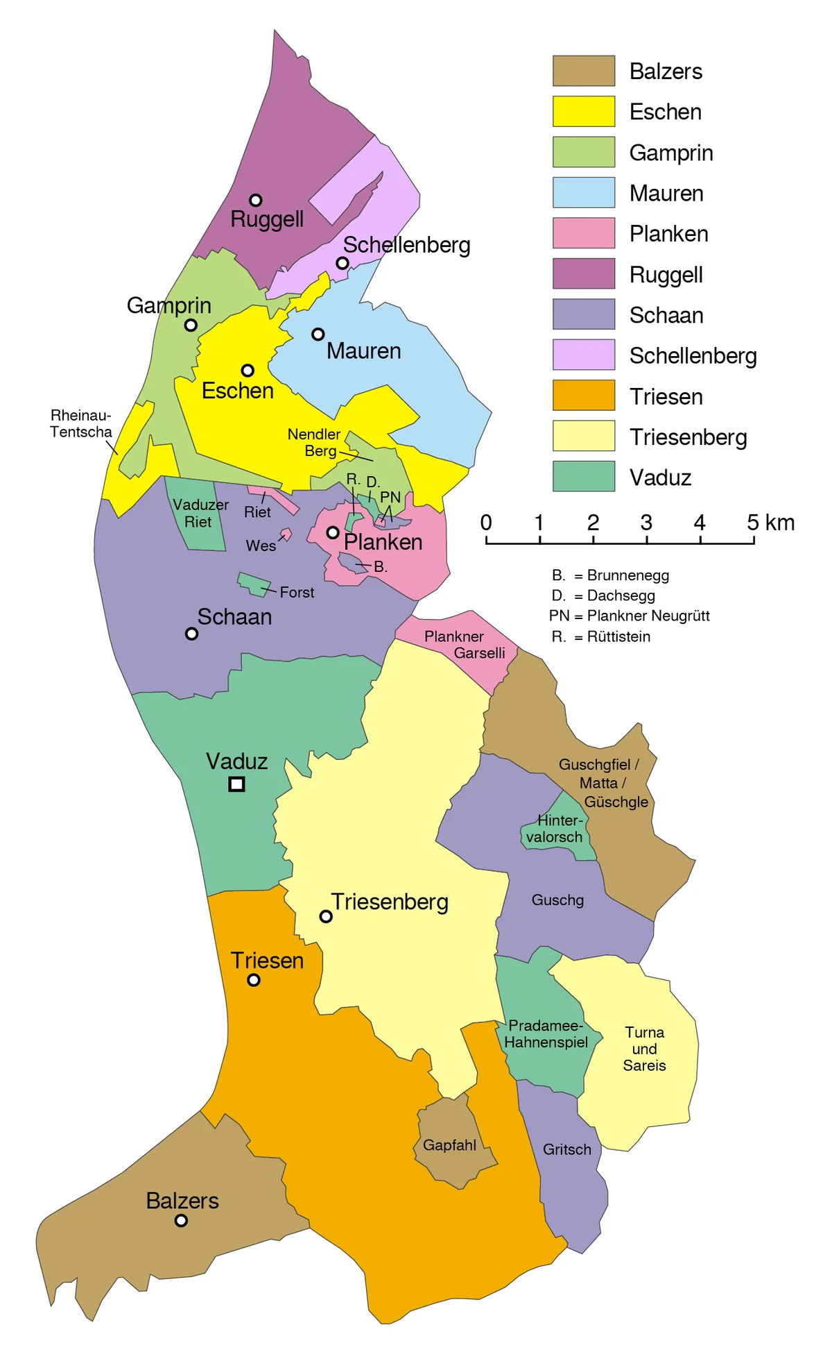 Mapa de los municipios de Liechtenstein con Balzers, Eschen, Gamprin, Mauren, Planken, Ruggell, Schaan, Schellenberg, Triesen, Triesenberg, Vaduz y exclaves comunales