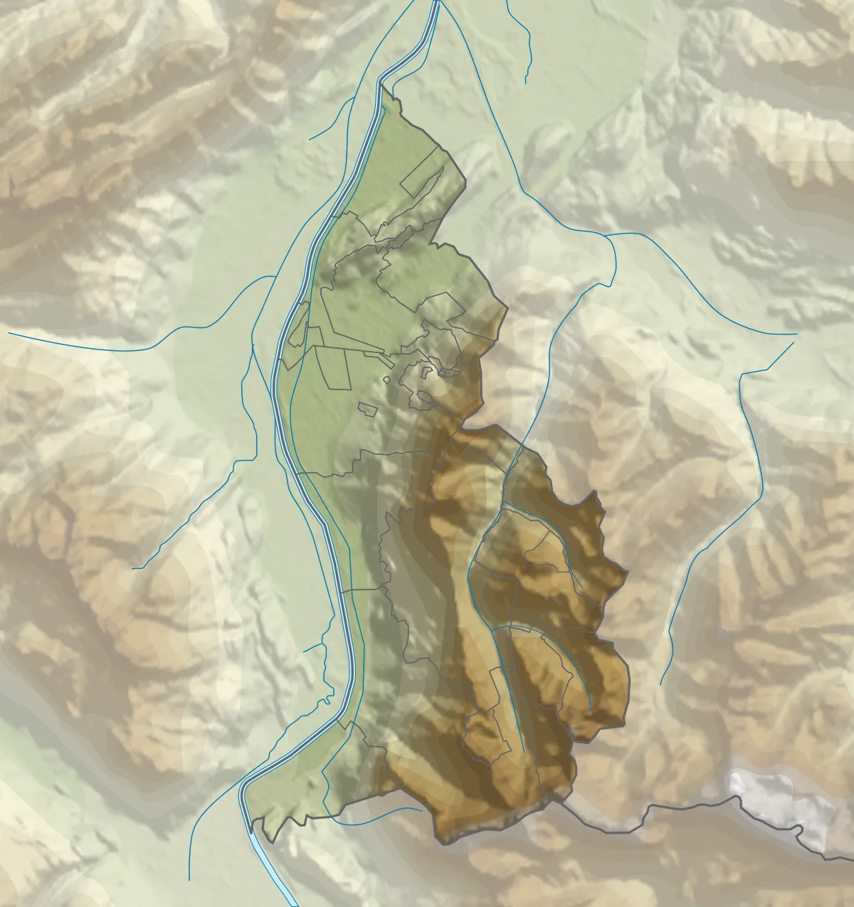 Mapa físico de Liechtenstein con sombreado de relieve, Rin, montañas y entorno de Suiza y Austria