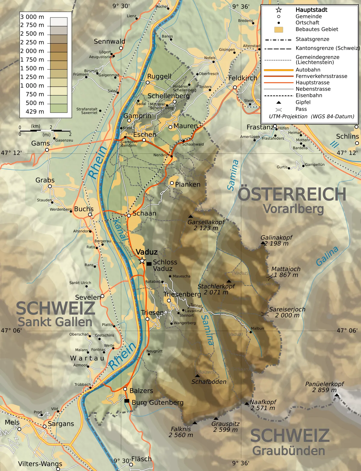 Mapa topográfico de Liechtenstein en alemán con relieve, Rin, carreteras, ferrocarril, localidades y fronteras con Suiza y Austria