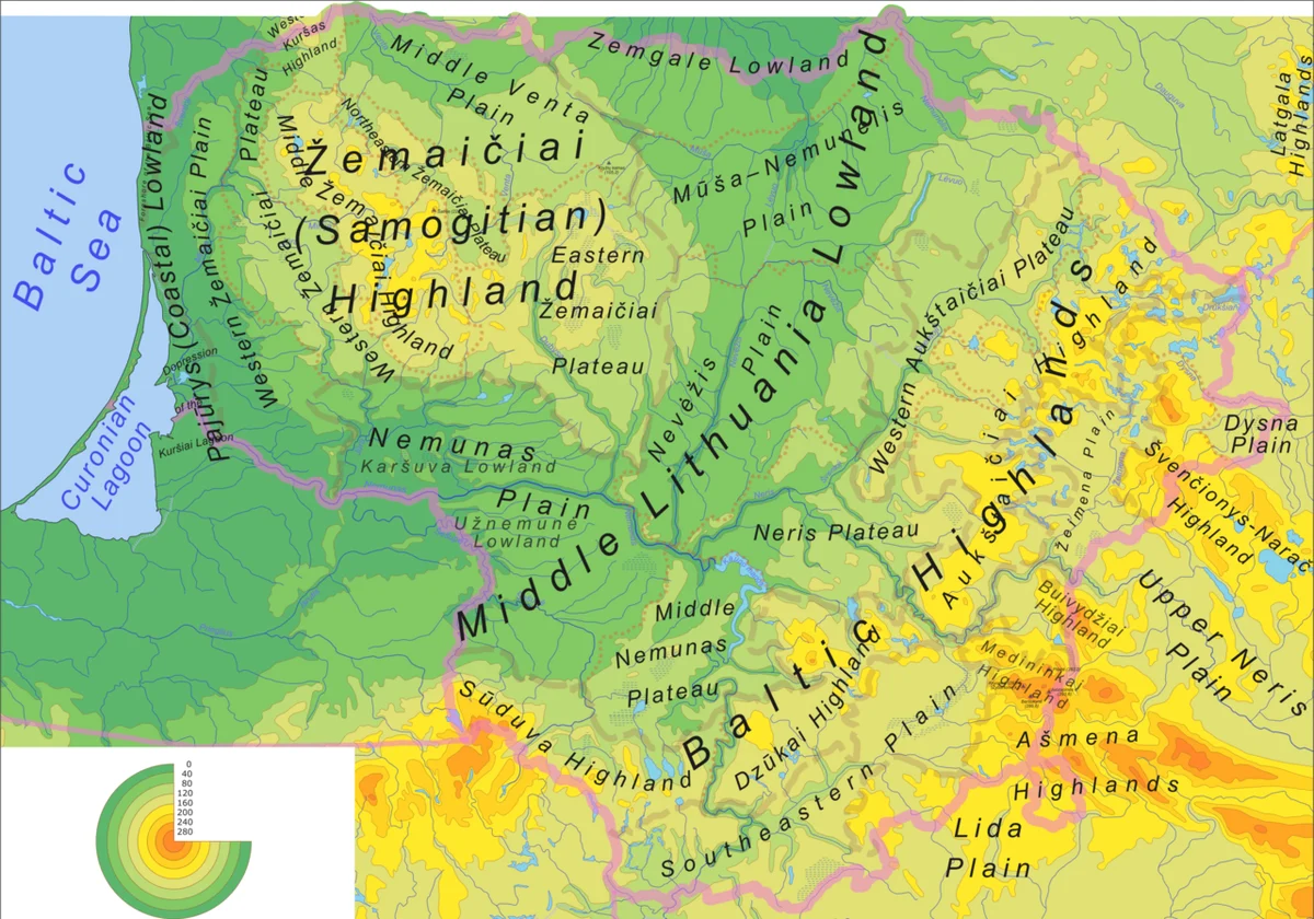 Mapa fisico de Lituania con relieve, tierras bajas, zonas altas, rios, lagos y costa baltica