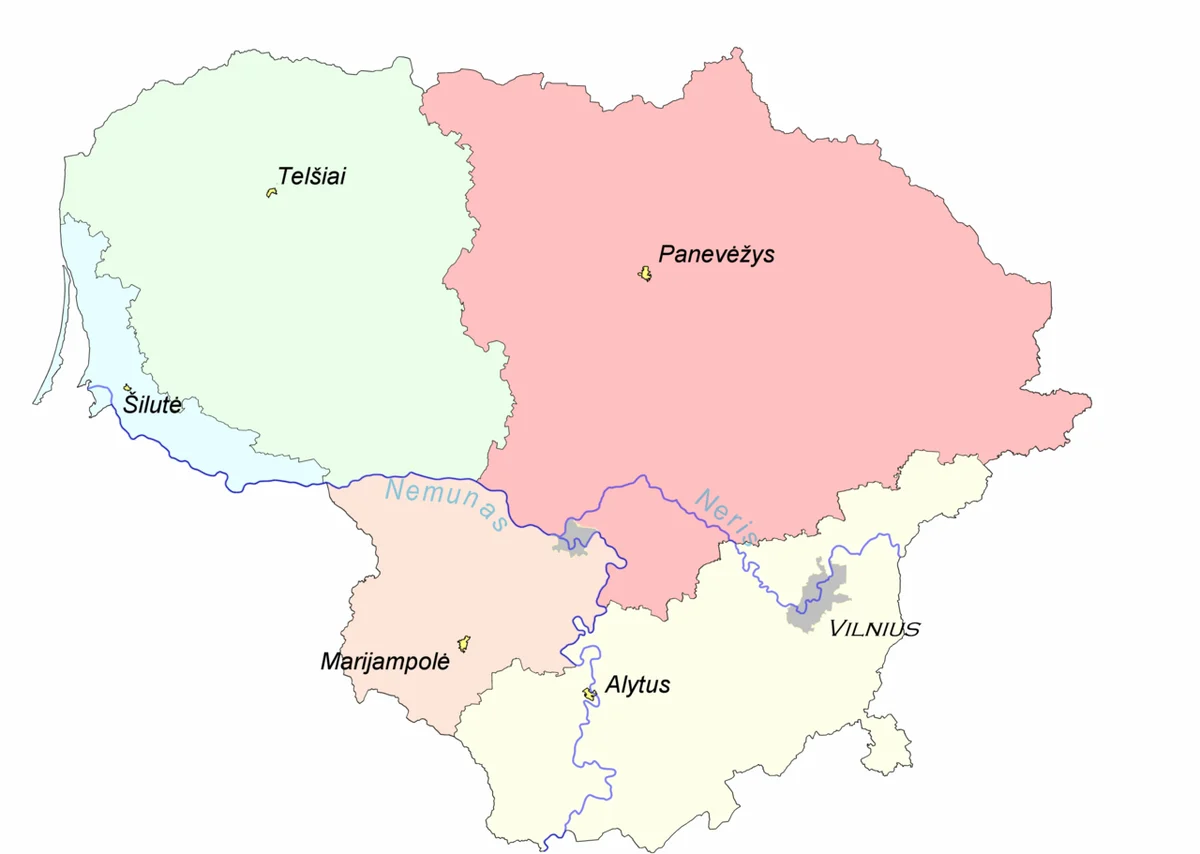 Mapa de regiones etnograficas de Lituania con Samogitia, Aukstaitija, Dzukija, Suvalkija y Lithuania Minor