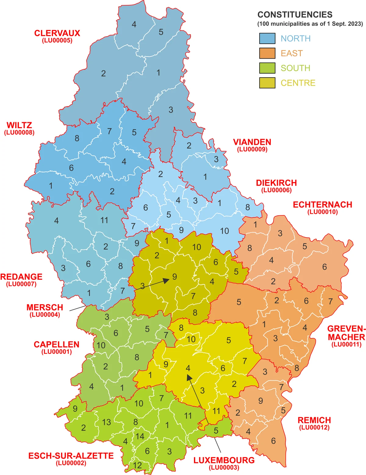 Mapa administrativo de Luxemburgo con cantones en rojo, límites comunales numerados y circunscripciones norte, este, sur y centro