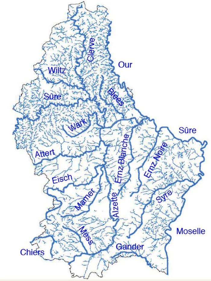 Mapa hidrográfico de Luxemburgo con ríos principales como Mosela, Sure, Alzette, Our, Clerve, Wiltz y Mamer
