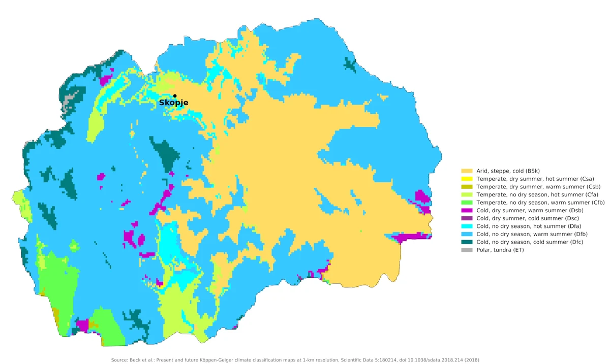 Mapa climático Köppen-Geiger de Macedonia del Norte con zonas esteparias frías, climas continentales, mediterráneos y de montaña