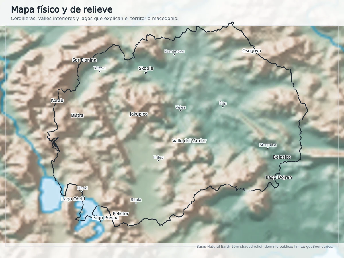 Mapa físico de Macedonia del Norte con relieve, valle del Vardar, montañas Sar Planina, Korab, Bistra, Jakupica, Osogovo, Belasica y lagos Ohrid, Prespa y Dojran