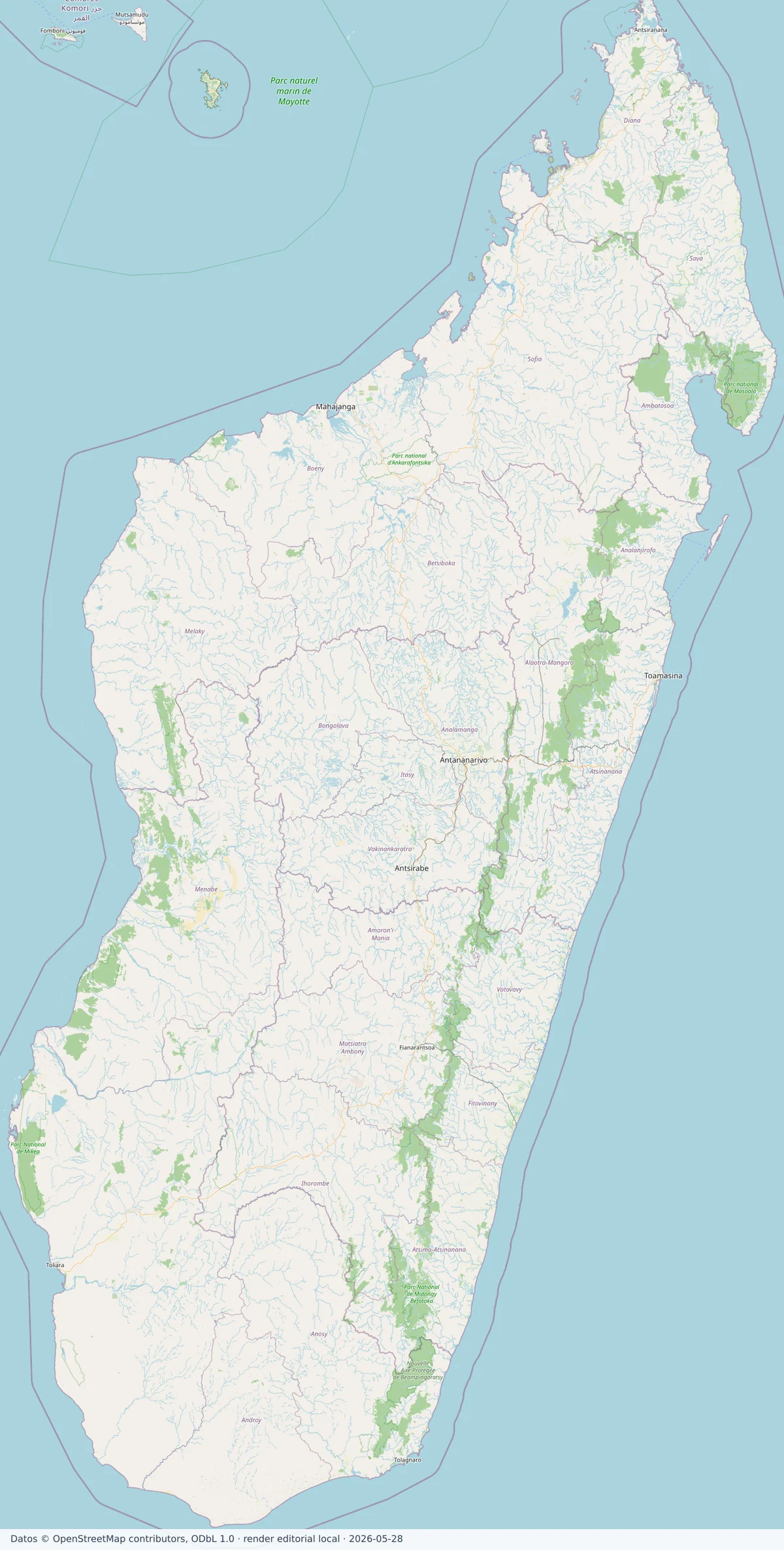 Mapa de Madagascar con parques nacionales y áreas protegidas como Masoala, Ankarafantsika, Isalo, Mikea, Midongy Befotaka y Beampingaratsy