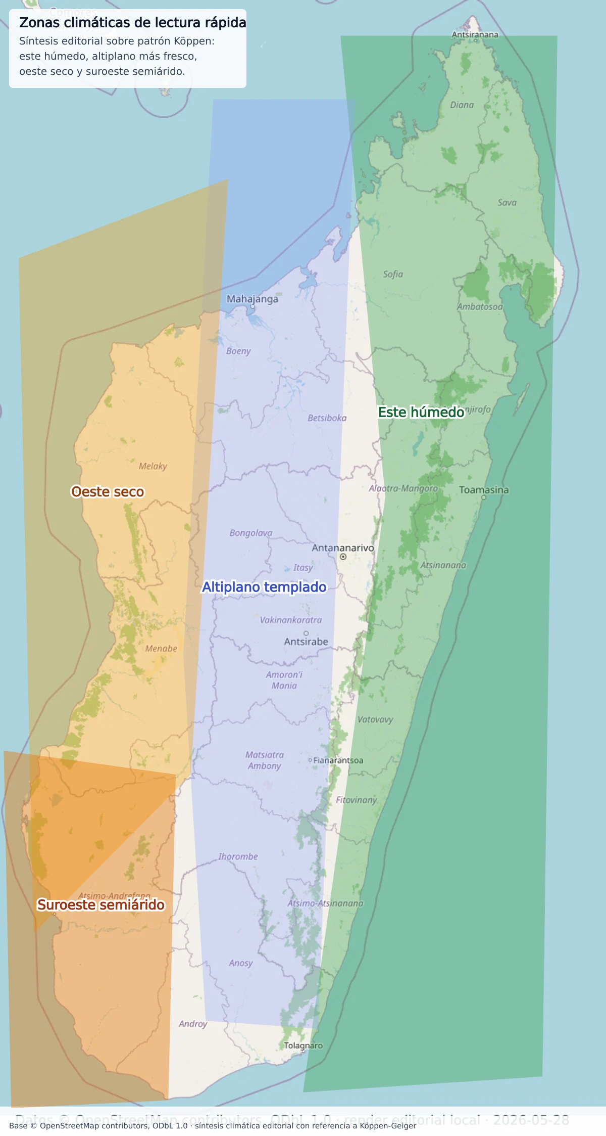 Mapa esquemático de zonas climáticas de Madagascar con este húmedo, altiplano templado, oeste seco y suroeste semiárido