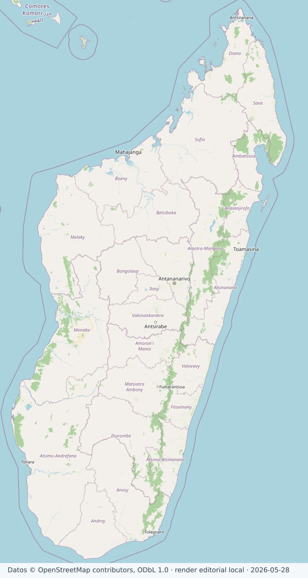 Mapa de Madagascar con regiones, ciudades principales, Antananarivo, Toamasina, Mahajanga, Antsiranana, Toliara y Tolagnaro