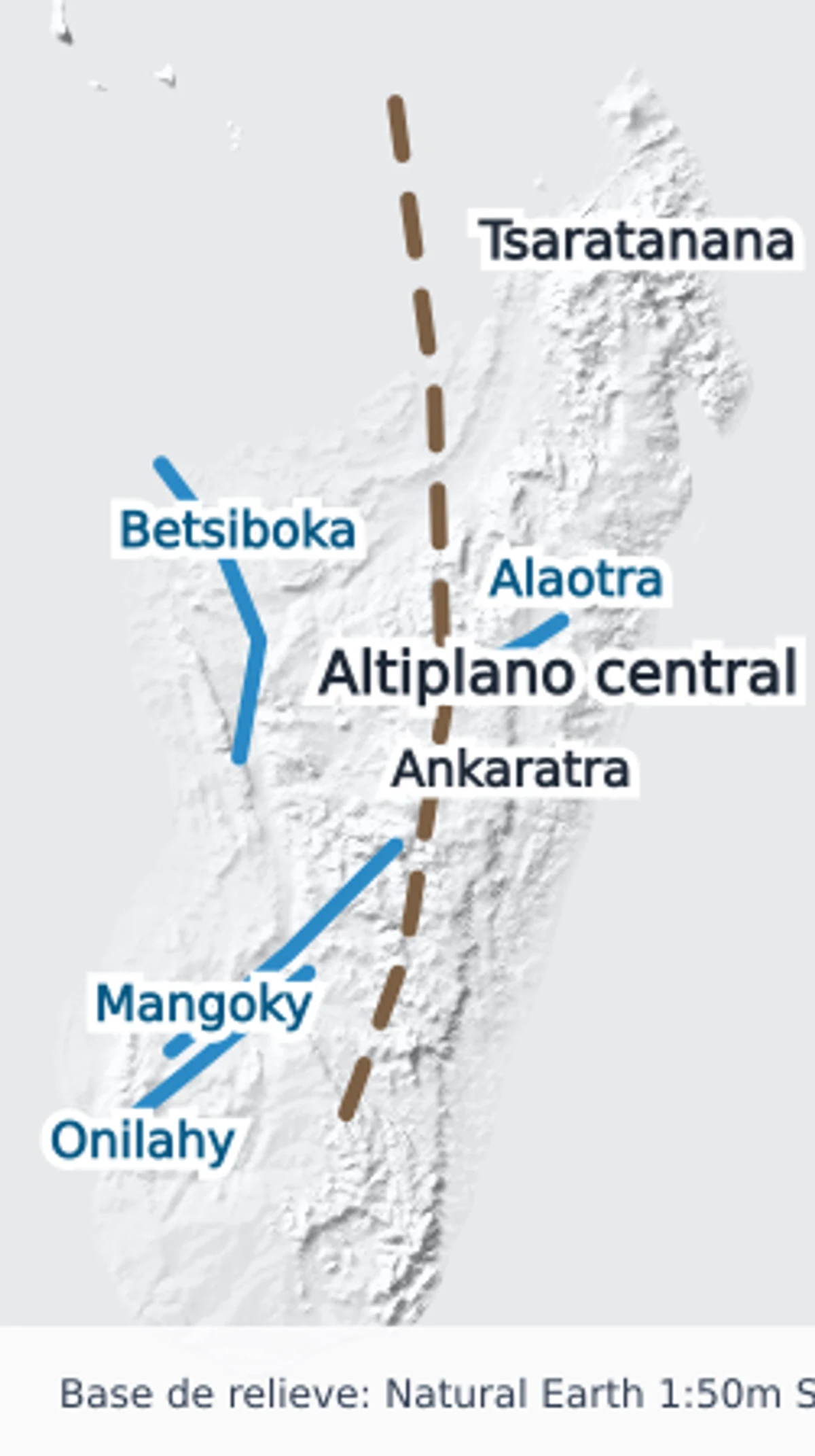 Mapa físico de Madagascar con relieve, altiplano central, macizo de Tsaratanana, Ankaratra y ríos Betsiboka, Mangoky, Onilahy y Alaotra
