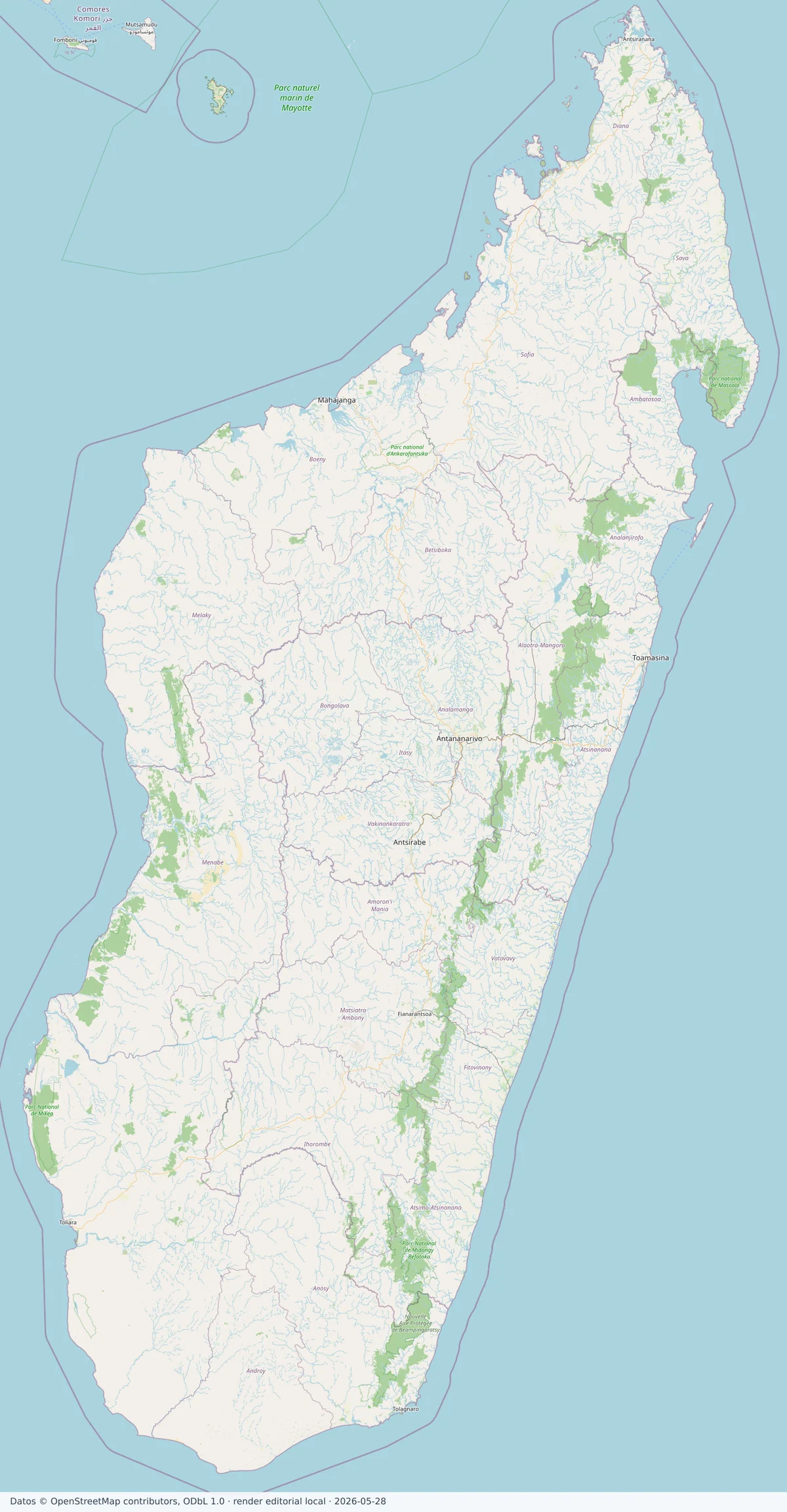 Mapa de transporte de Madagascar con carreteras principales, Antananarivo, Toamasina, Mahajanga, Antsiranana, Toliara, Tolagnaro y corredores interiores