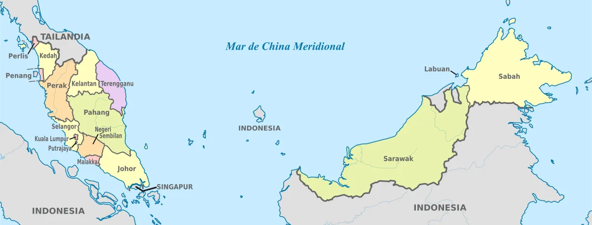 Mapa administrativo de Malasia en español con estados, territorios federales, Malasia peninsular, Sabah y Sarawak
