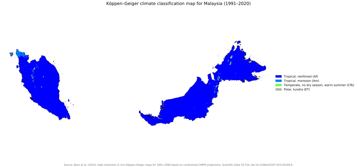 Mapa Köppen-Geiger de Malasia para 1991-2020 con clima tropical de selva, monzón y zonas de altura