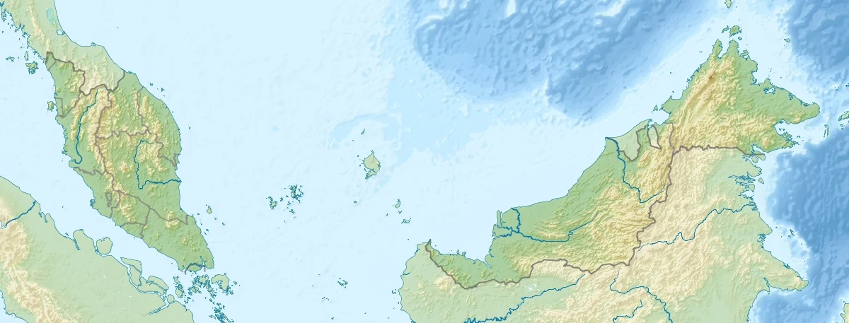Mapa físico de Malasia con relieve de la península malaya, Sabah, Sarawak, Borneo y fondos marinos
