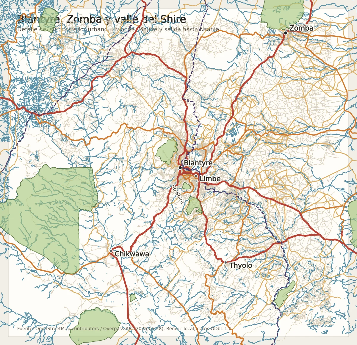 Mapa del sur de Malaui con Blantyre, Limbe, Zomba, Liwonde, Chikwawa, Thyolo, río Shire, carreteras, ferrocarril y áreas protegidas como Majete y Liwonde
