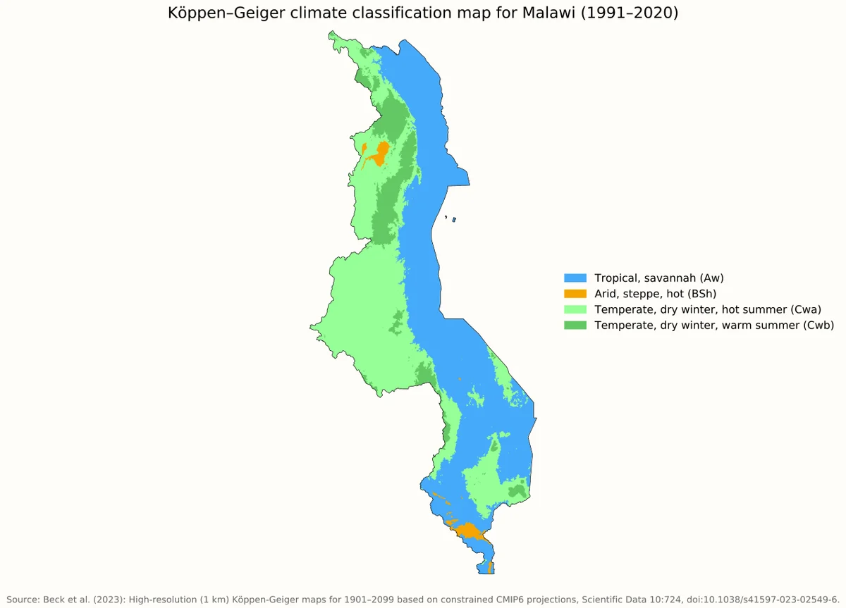 Mapa de Malaui con clasificación climática Köppen-Geiger 1991-2020 y zonas de sabana tropical, estepa árida cálida y climas templados de invierno seco