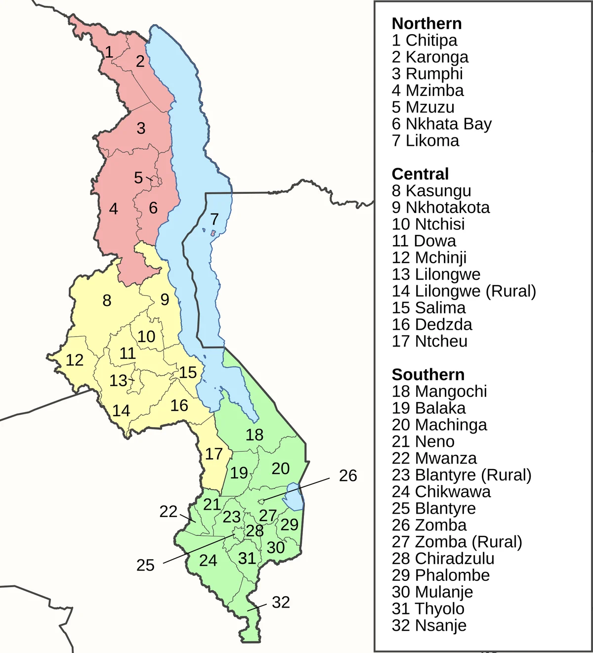 Mapa administrativo de Malaui con regiones Northern, Central y Southern y distritos como Chitipa, Karonga, Mzimba, Lilongwe, Salima, Mangochi, Blantyre, Zomba, Mulanje y Nsanje