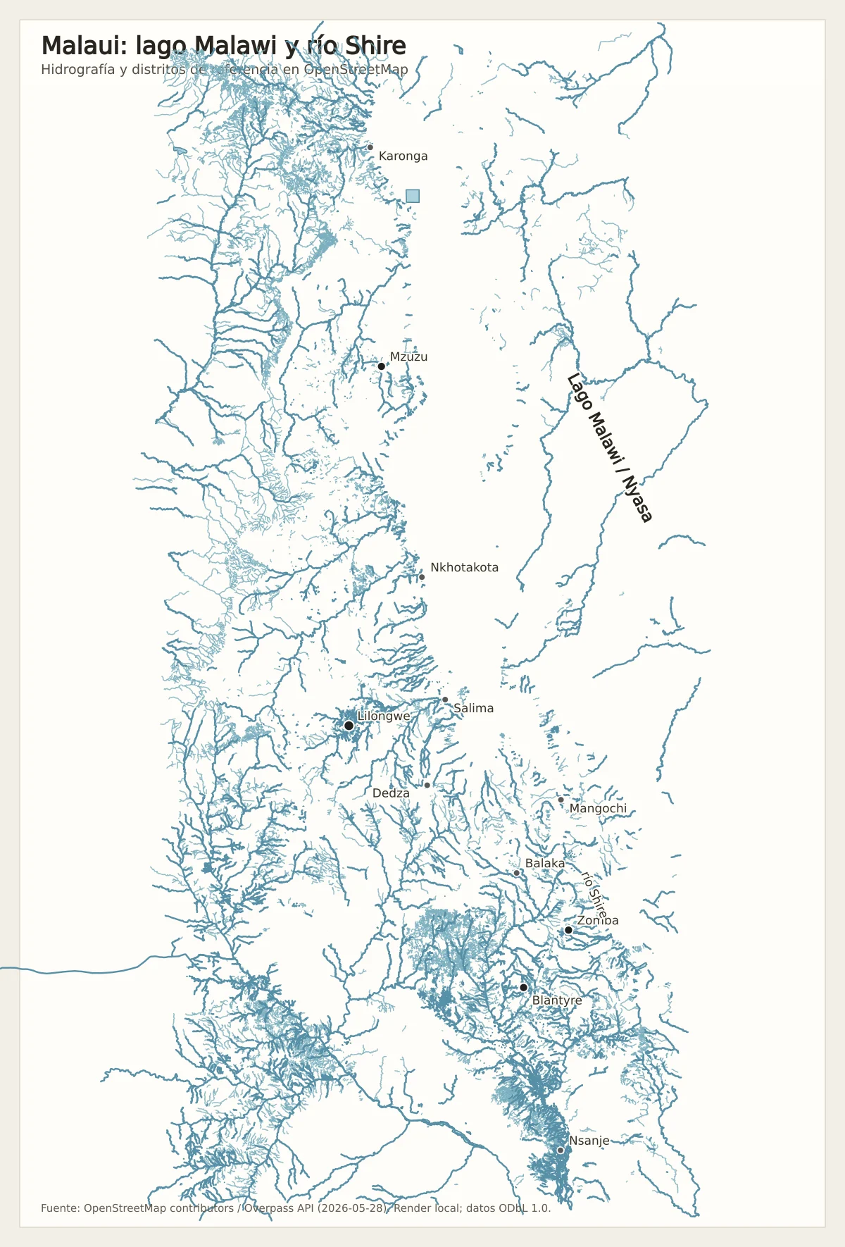 Mapa hidrográfico de Malaui con lago Malawi o Nyasa, río Shire, ríos secundarios, distritos de referencia, Lilongwe, Blantyre, Mzuzu, Mangochi, Salima y Nsanje