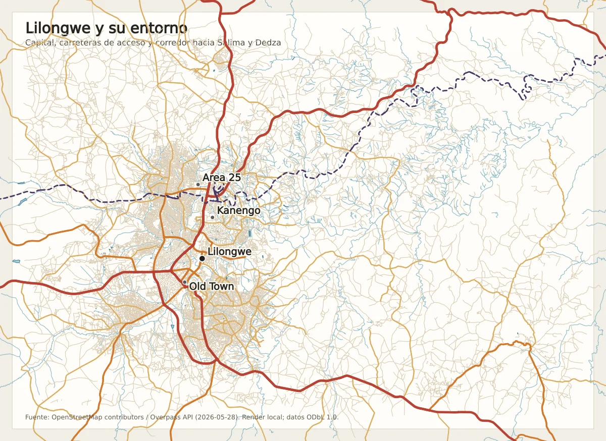 Mapa de Lilongwe y su entorno con el centro, Old Town, Kanengo, Area 25, Mitundu, carreteras hacia Salima, Dedza y Kasungu, ríos y ferrocarril
