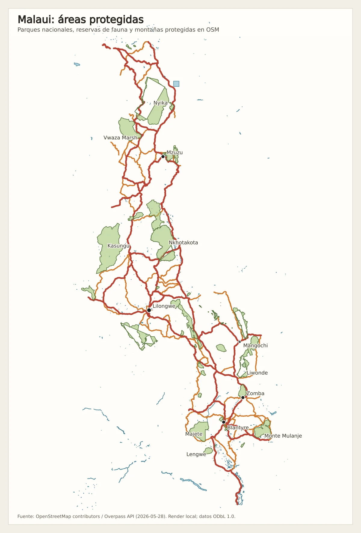 Mapa de áreas protegidas de Malaui con Nyika, Vwaza Marsh, Kasungu, Nkhotakota, Liwonde, Majete, Lengwe, monte Mulanje, lago Malawi y principales carreteras