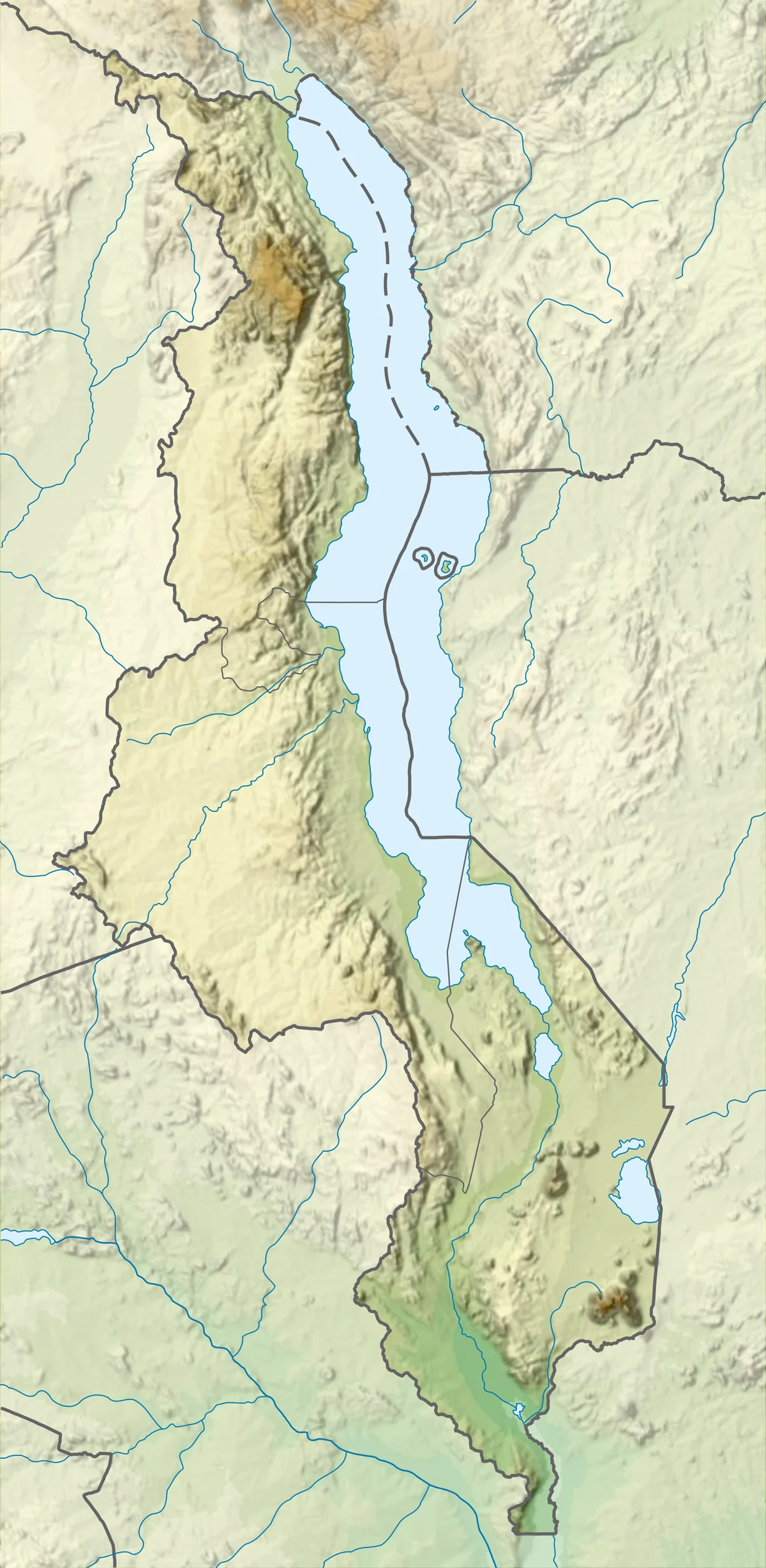 Mapa físico de Malaui con relieve sombreado, lago Malawi, valle del Rift, tierras altas del norte, meseta central, tierras altas de Shire y monte Mulanje