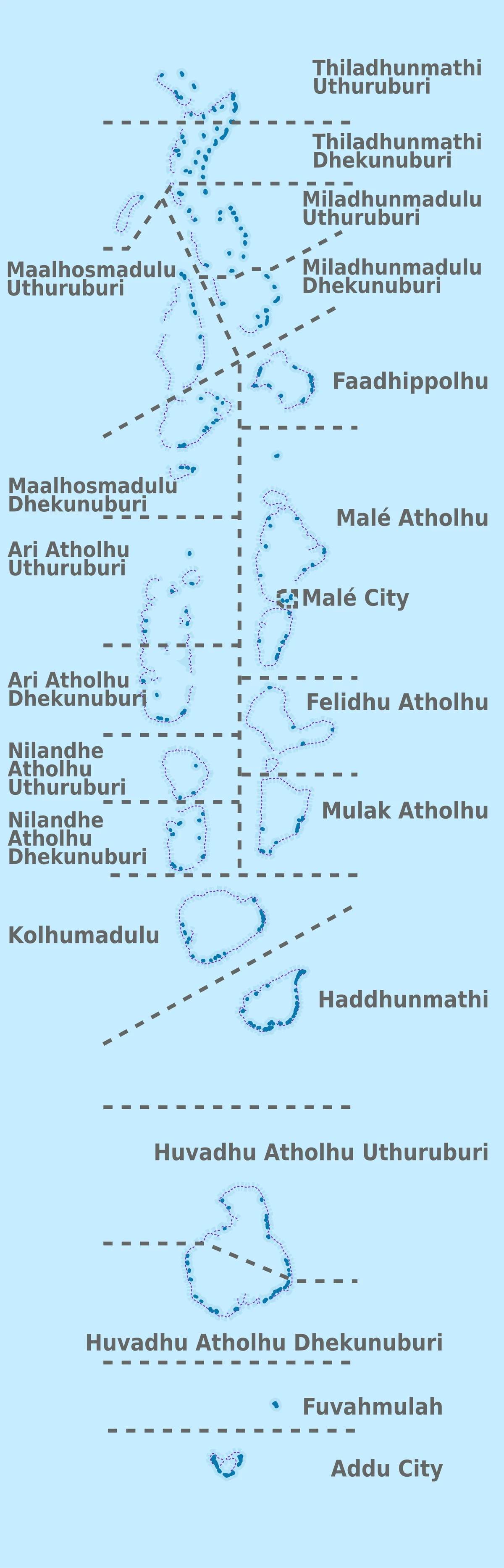 Mapa administrativo de Maldivas con atolones rotulados, Male City, Addu City, Huvadhu, Ari, Nilandhe, Kaafu y atolones del norte y sur