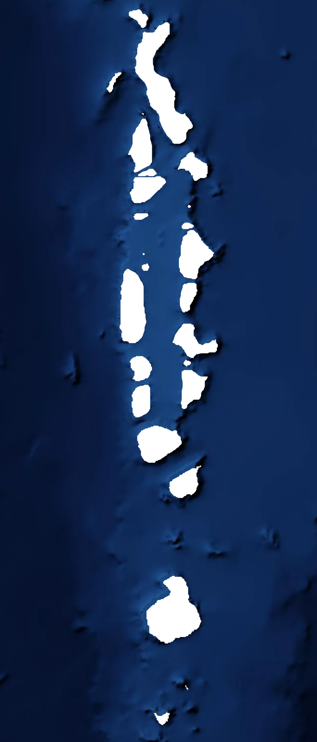 Mapa de Maldivas con atolones naturales, bancos coralinos y batimetría del océano Índico