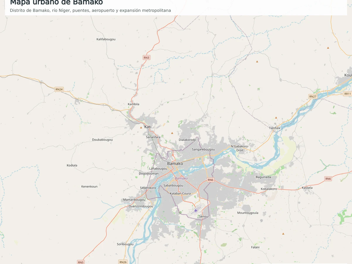 Mapa OpenStreetMap de Bamako con el río Níger, puentes, aeropuerto, Kati, Koulikoro y expansión urbana metropolitana