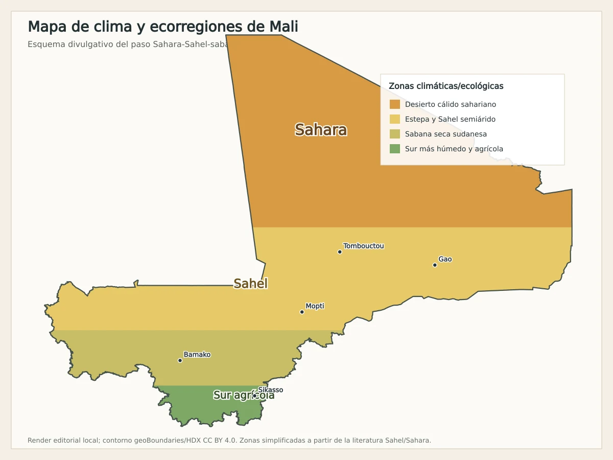 Mapa esquemático de clima y ecorregiones de Mali con desierto sahariano, Sahel semiárido, sabana seca sudanesa y sur más húmedo