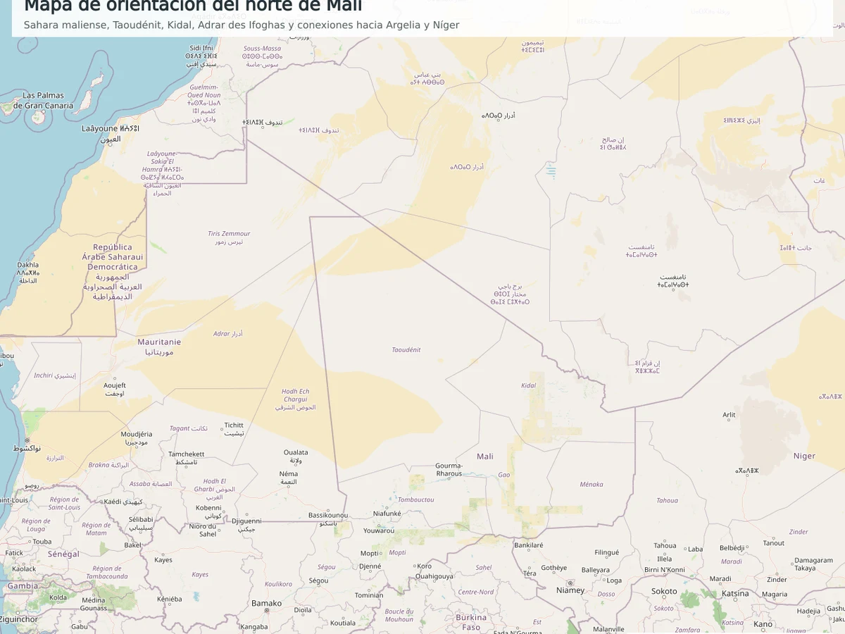 Mapa OpenStreetMap del norte de Mali con Kidal, Taoudénit, Adrar des Ifoghas, Sahara, Argelia, Mauritania y Níger