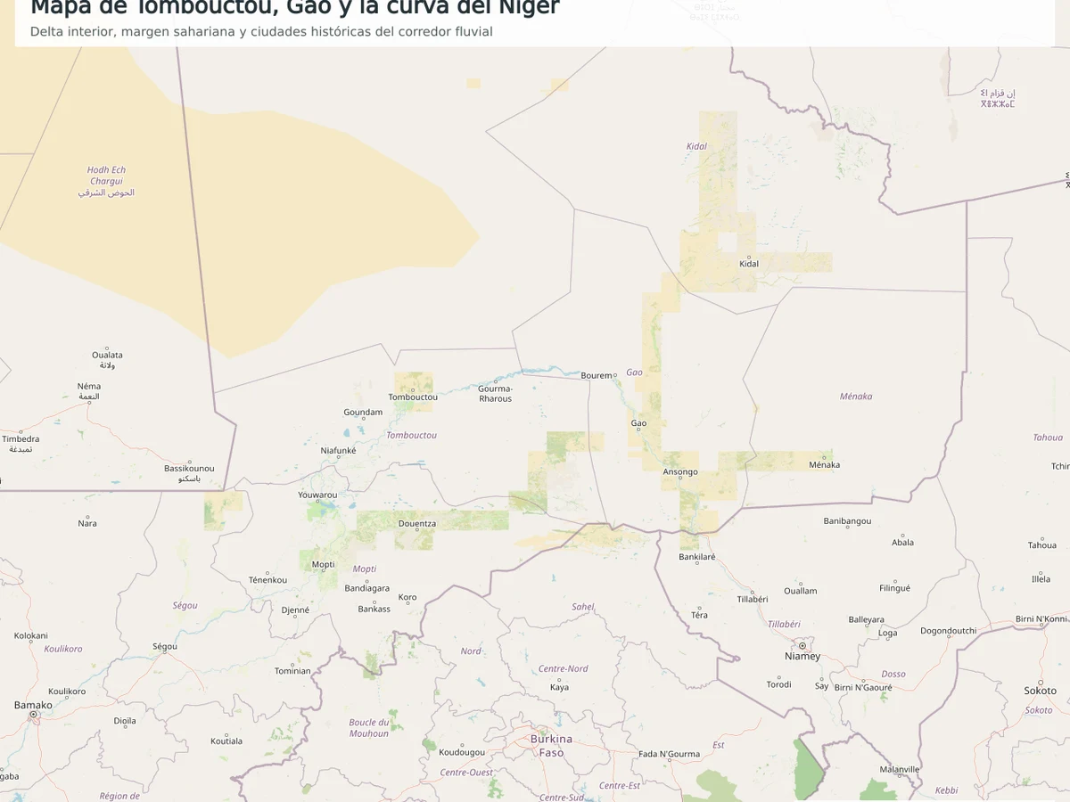 Mapa OpenStreetMap de la curva del río Níger en Mali con Mopti, Tombouctou, Gao, Gourma, delta interior y margen sahariana
