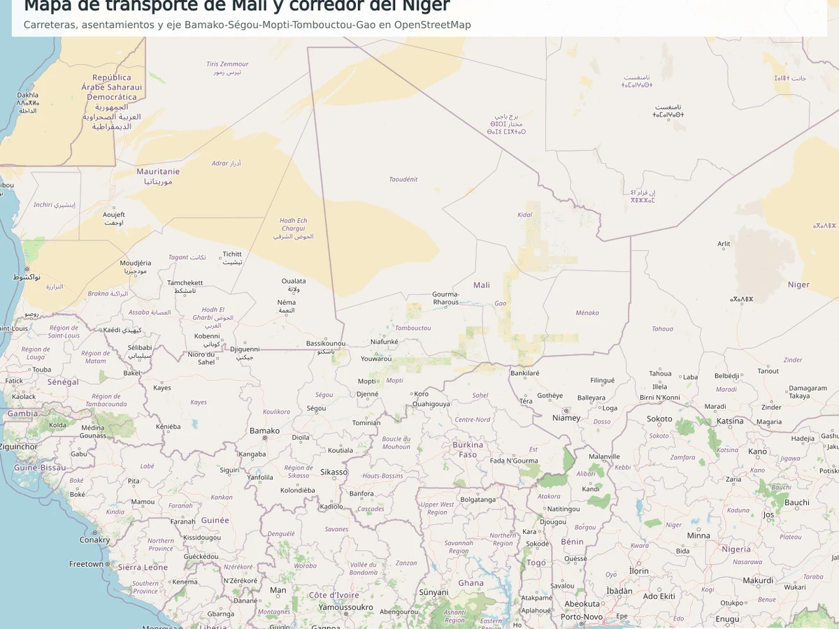 Mapa OpenStreetMap de Mali y África occidental con carreteras, ciudades, Bamako, Ségou, Mopti, Tombouctou, Gao, Senegal, Mauritania, Argelia, Níger, Burkina Faso, Costa de Marfil y Guinea