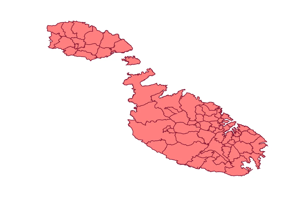 Mapa oficial de Malta con límites de consejos locales en Gozo, Comino y la isla de Malta