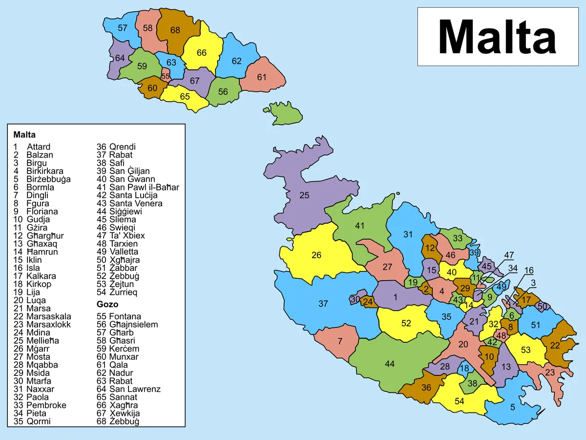 Mapa administrativo de Malta con consejos locales numerados y leyenda de nombres para la isla de Malta y Gozo