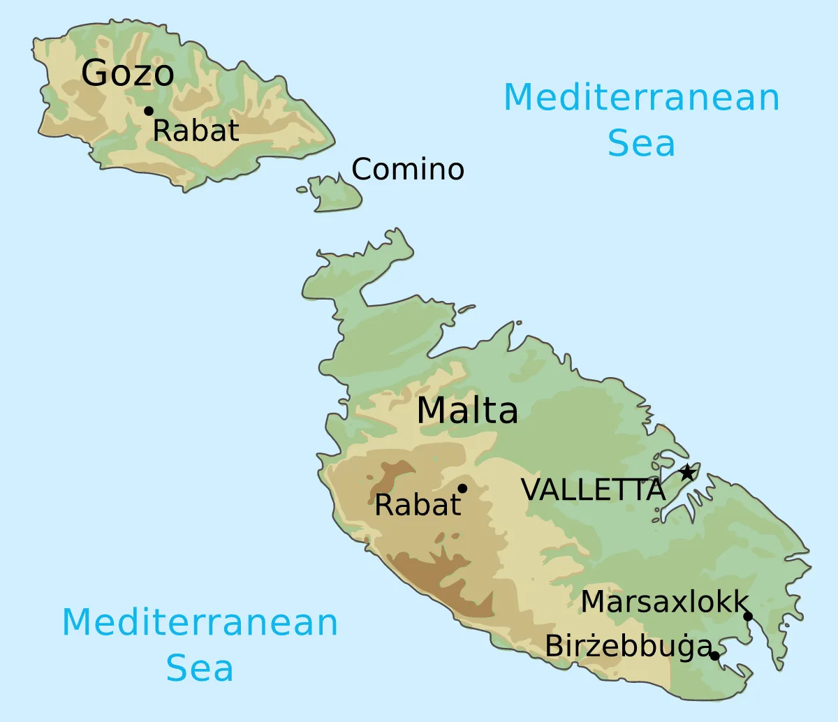 Mapa general de Malta con Gozo, Comino, isla de Malta, Valletta, Rabat, Marsaxlokk, Birzebbuga y relieve
