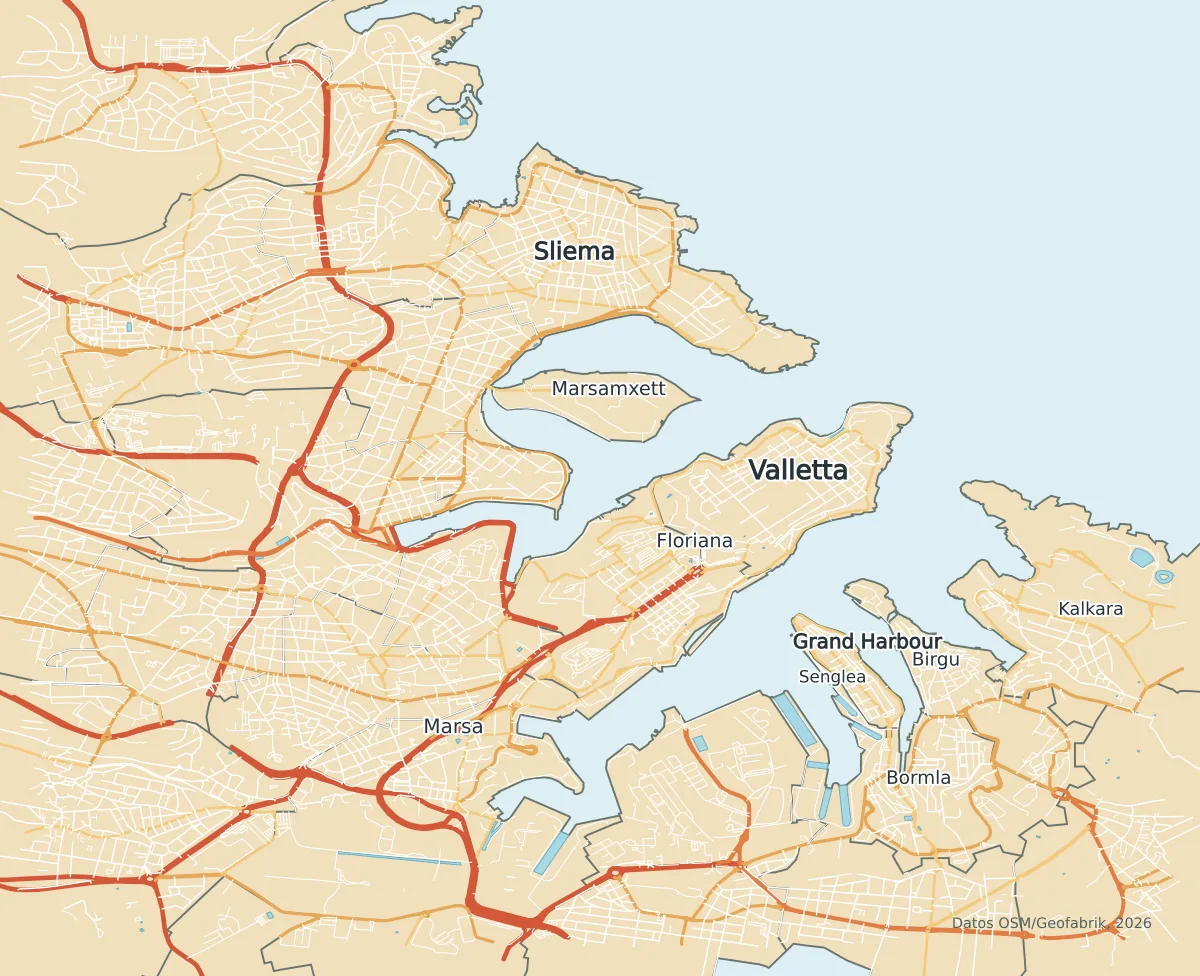 Mapa urbano de Valletta con Sliema, Marsamxett, Floriana, Marsa, Grand Harbour, Senglea, Birgu, Bormla y Kalkara