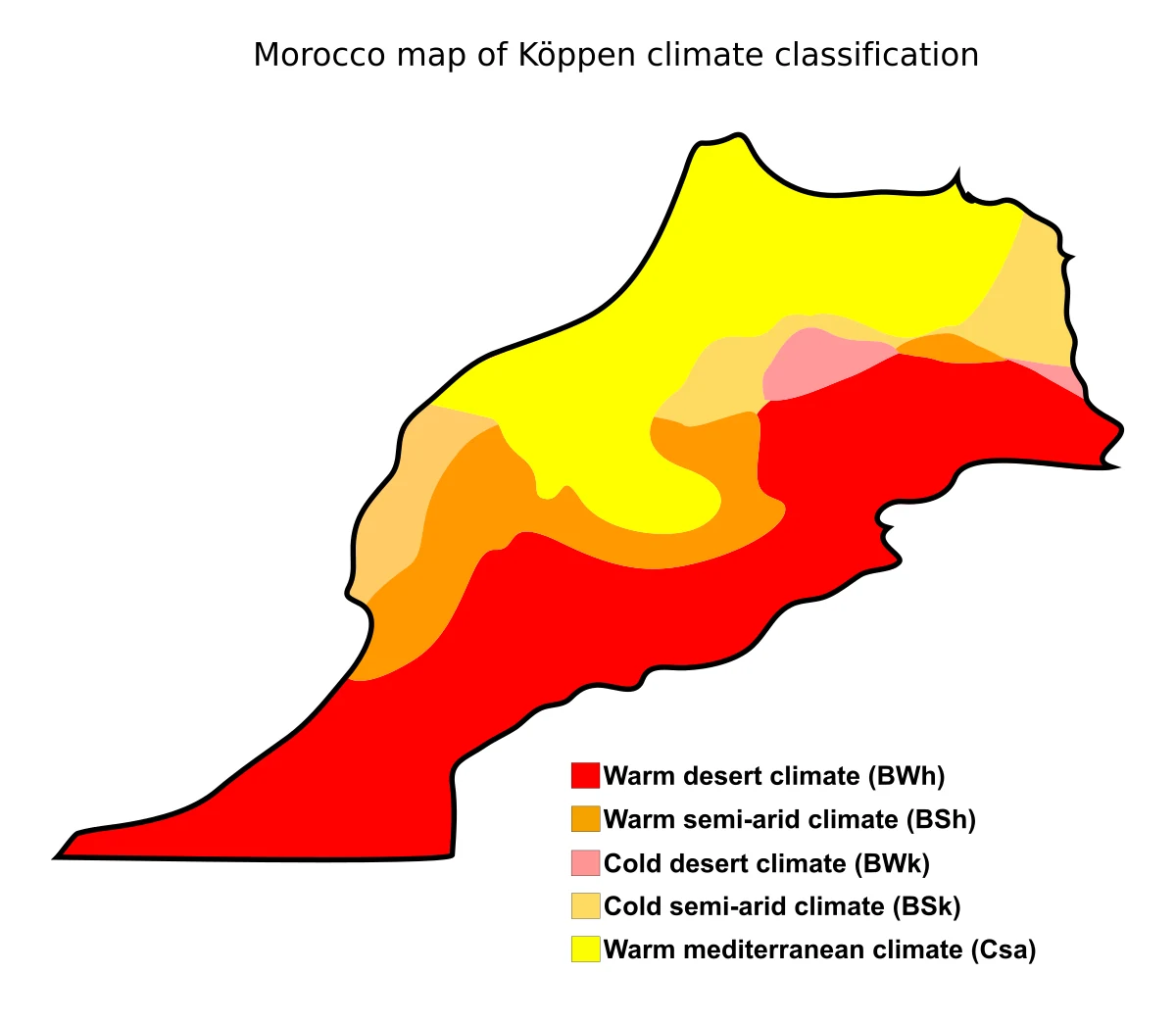 Mapa de Marruecos con clasificación climática de Köppen: clima desértico, semiárido y mediterráneo