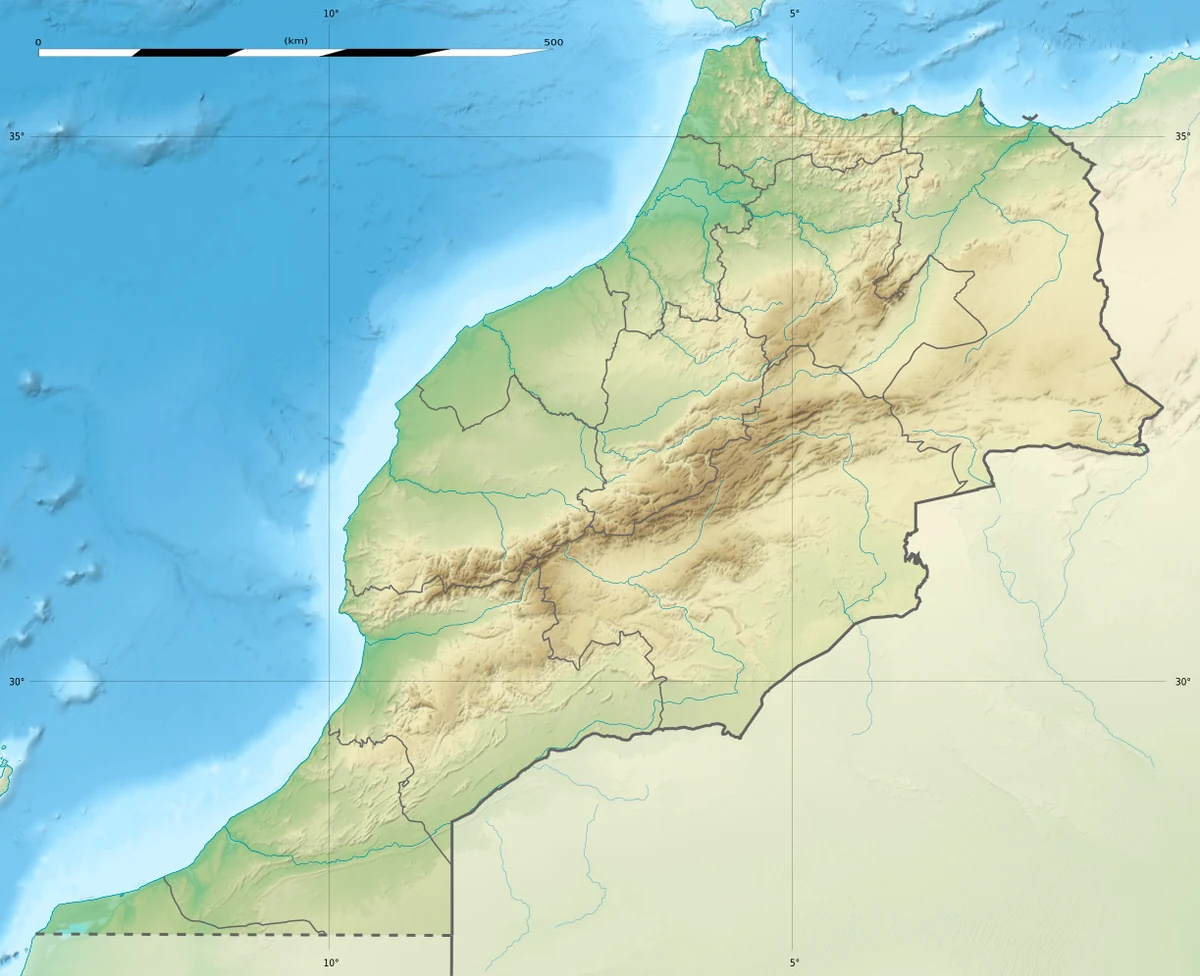 Mapa físico de Marruecos con relieve, cordilleras del Rif y del Atlas, ríos, costas y países vecinos