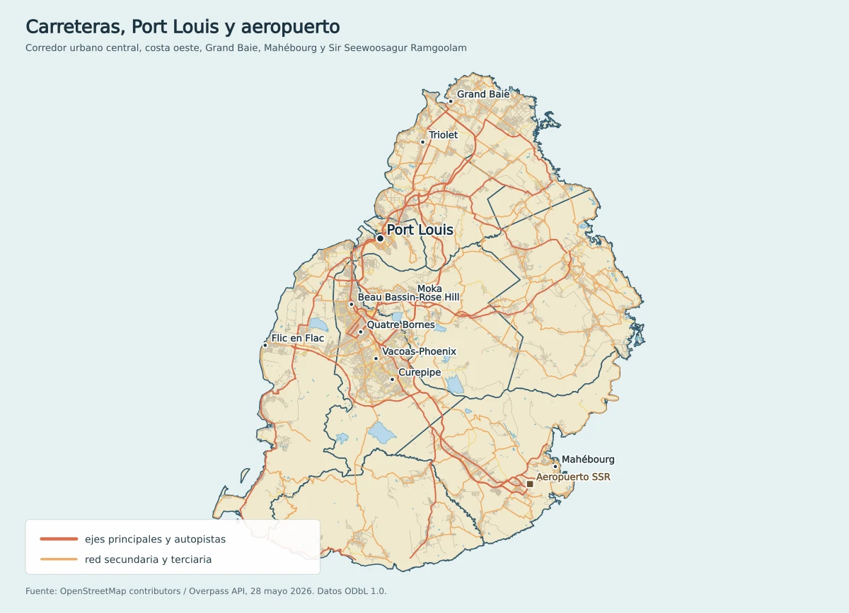 Mapa de carreteras de Mauricio con Port Louis, Grand Baie, Moka, Beau Bassin-Rose Hill, Quatre Bornes, Vacoas-Phoenix, Curepipe, Mahébourg y aeropuerto Sir Seewoosagur Ramgoolam