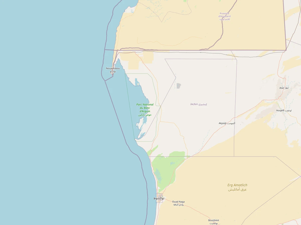 Mapa OpenStreetMap del Parque Nacional del Banco de Arguin, costa atlántica de Mauritania, Nuadibú, islas, bahías y litoral desértico