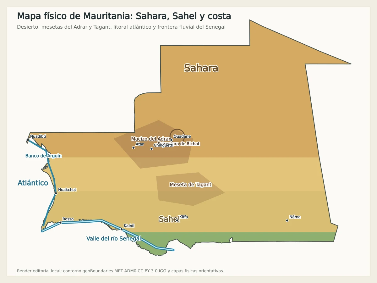 Mapa físico de Mauritania con Sahara, Sahel, macizo del Adrar, meseta de Tagant, Banco de Arguin, Atlántico y río Senegal