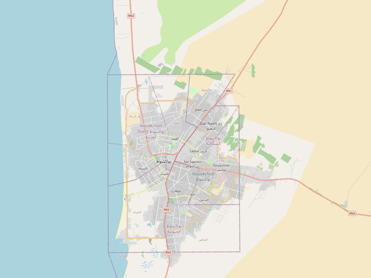 Mapa OpenStreetMap de Nuakchot con puerto, aeropuerto, costa atlántica, carreteras principales y barrios metropolitanos