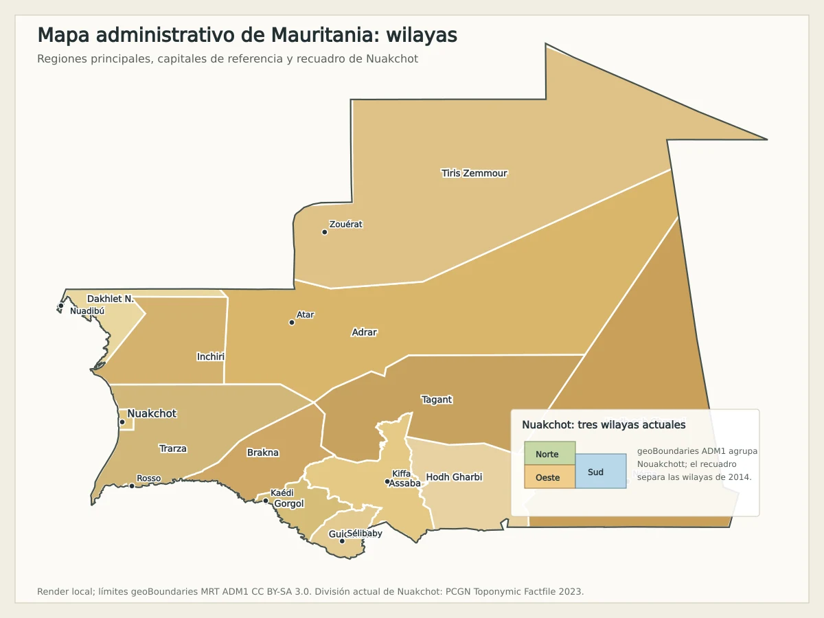 Mapa administrativo de Mauritania con wilayas, Nuakchot, Nuadibú, Zouérat, Atar, Kiffa, Néma, Rosso, Kaédi y Sélibaby