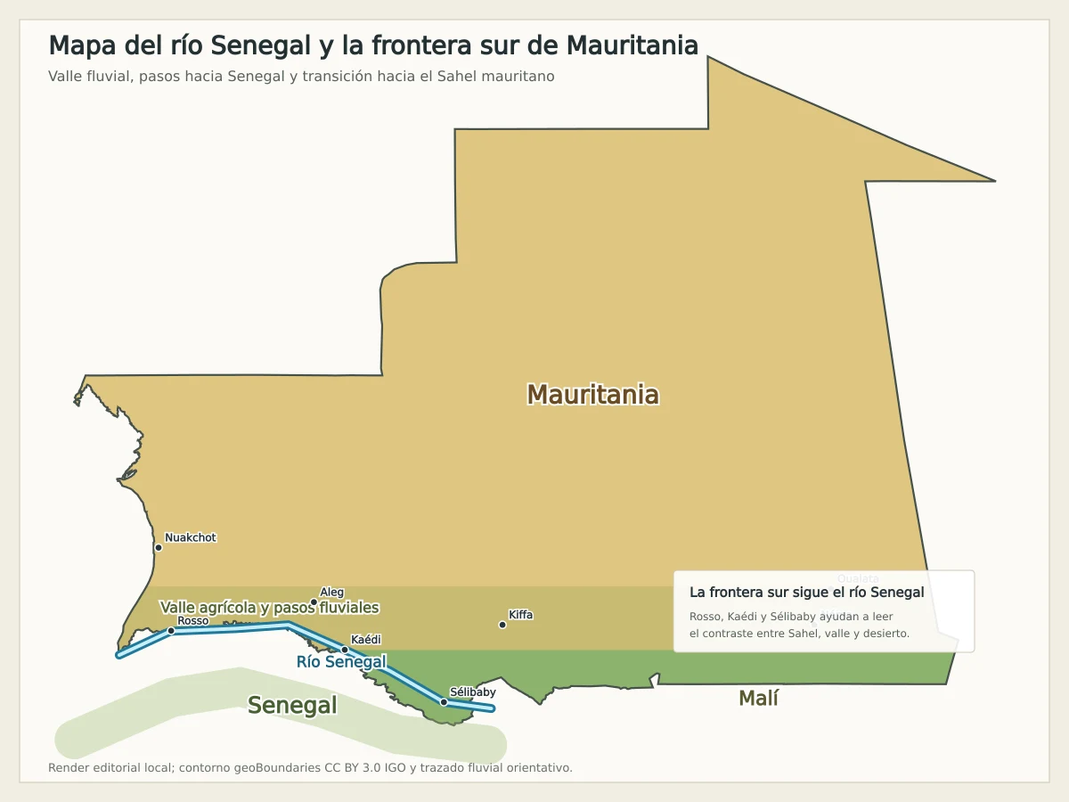 Mapa de Mauritania con el río Senegal, frontera sur, Rosso, Kaédi, Sélibaby, Senegal, Malí y franja saheliana