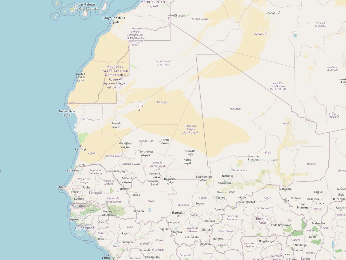 Mapa OpenStreetMap de Mauritania y África occidental con Nuakchot, Nuadibú, carretera costera, Ruta de l'Espoir, Senegal, Malí, Argelia y Sahara Occidental
