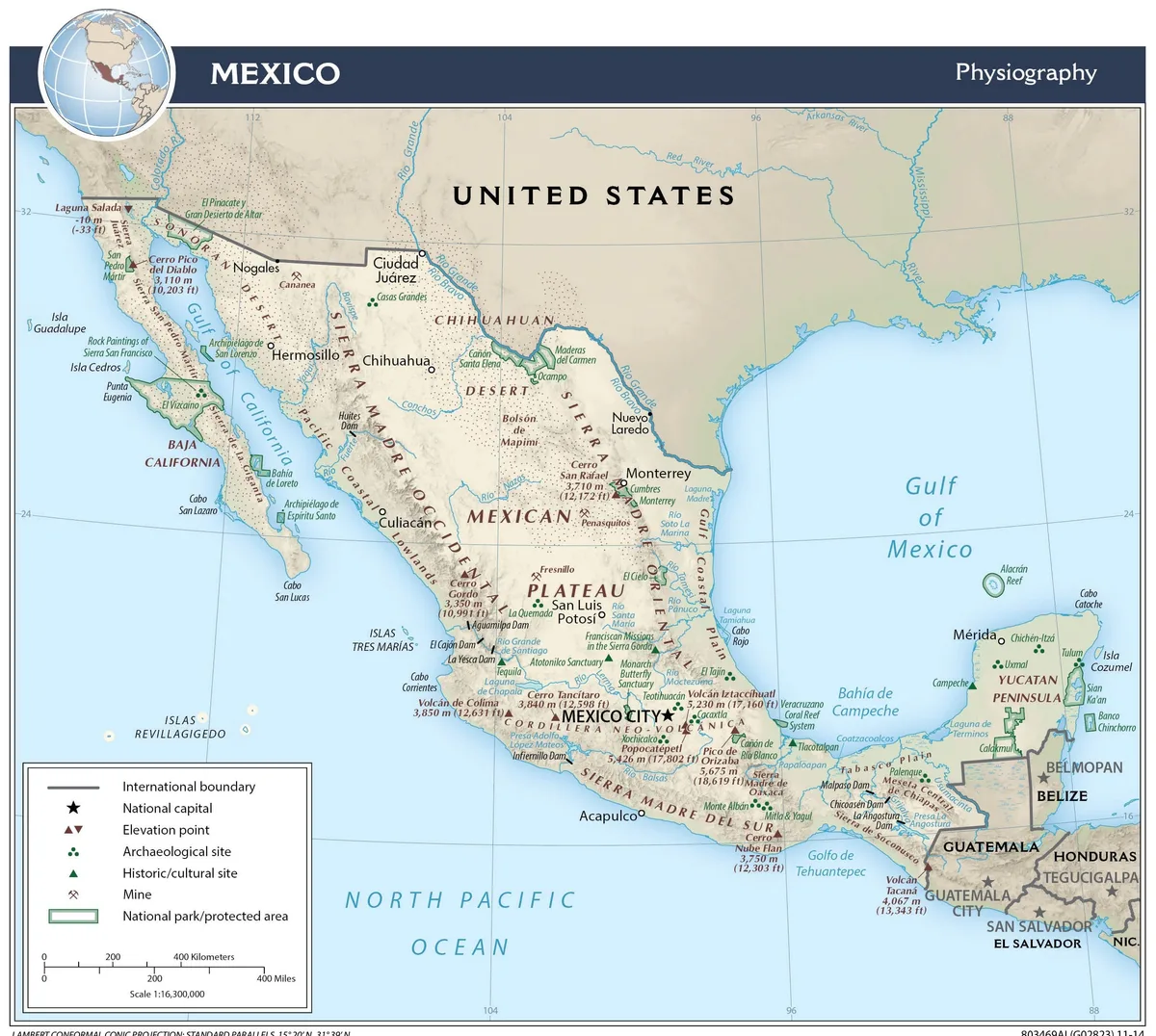 Mapa físico de México con Sierra Madre Occidental, Sierra Madre Oriental, Eje Neovolcánico, Baja California, Yucatán, ríos y golfos