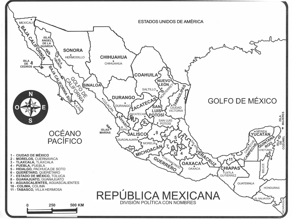 Mapa político de México con nombres de estados, capitales, fronteras y mares